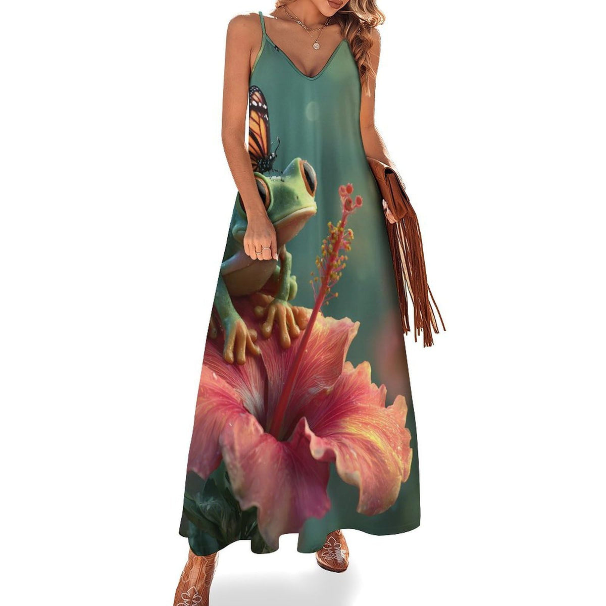 longue maxi à motif grenouille pour femme, robe d'été sans manches, robe de plage